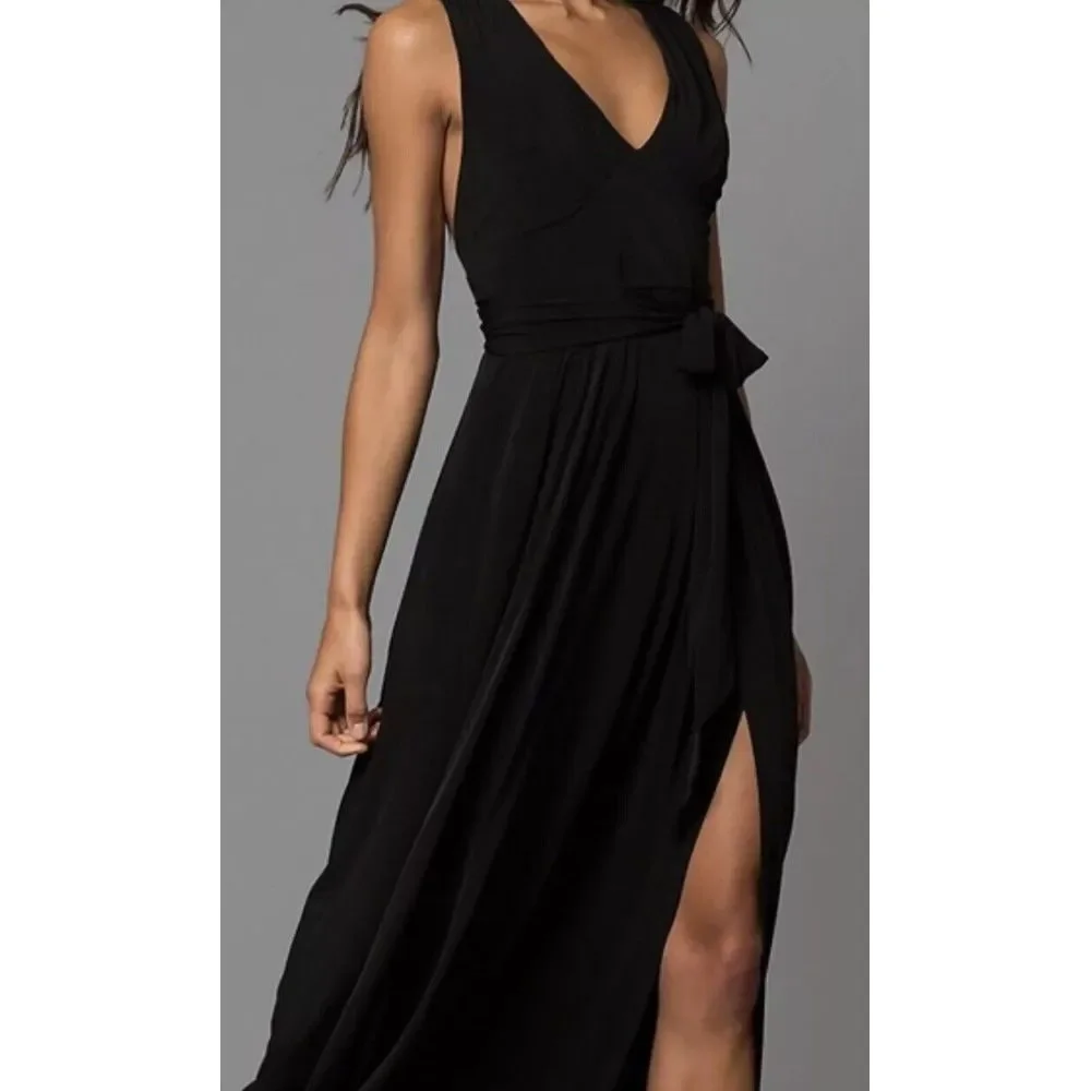 BCBGeneration V Neck Belted Black Maxi‎ Dress XS Front Slit Open Back 58